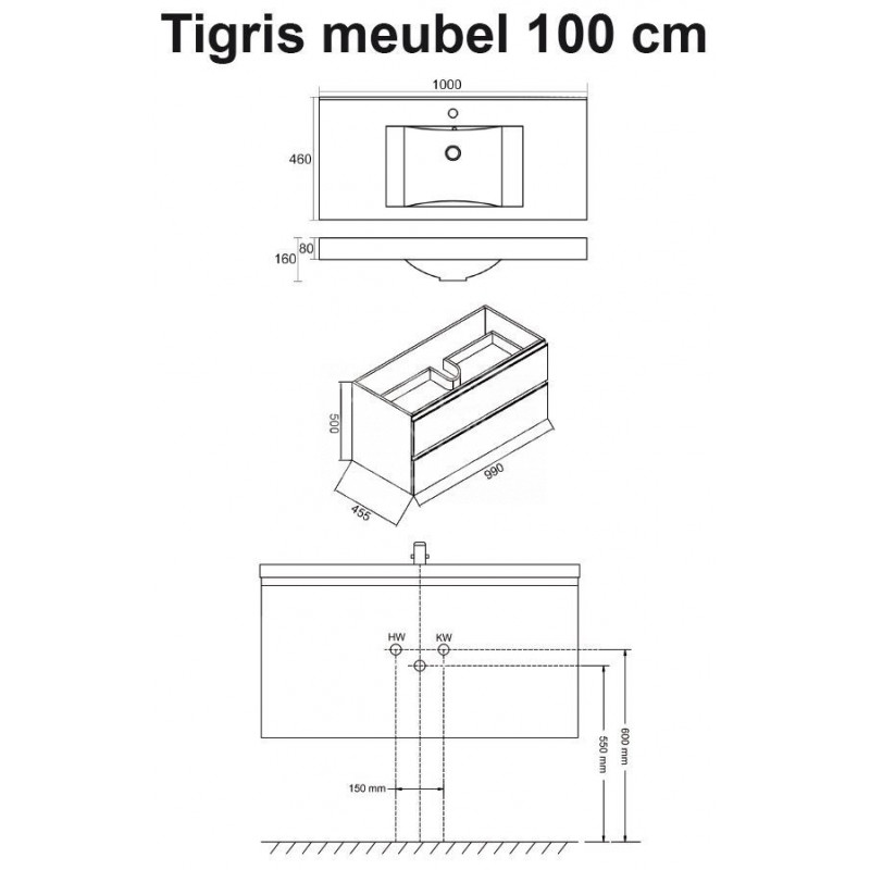 Schulz Tagros Onderkast + Wastafel + 2 Laden 100x58x46 Wit