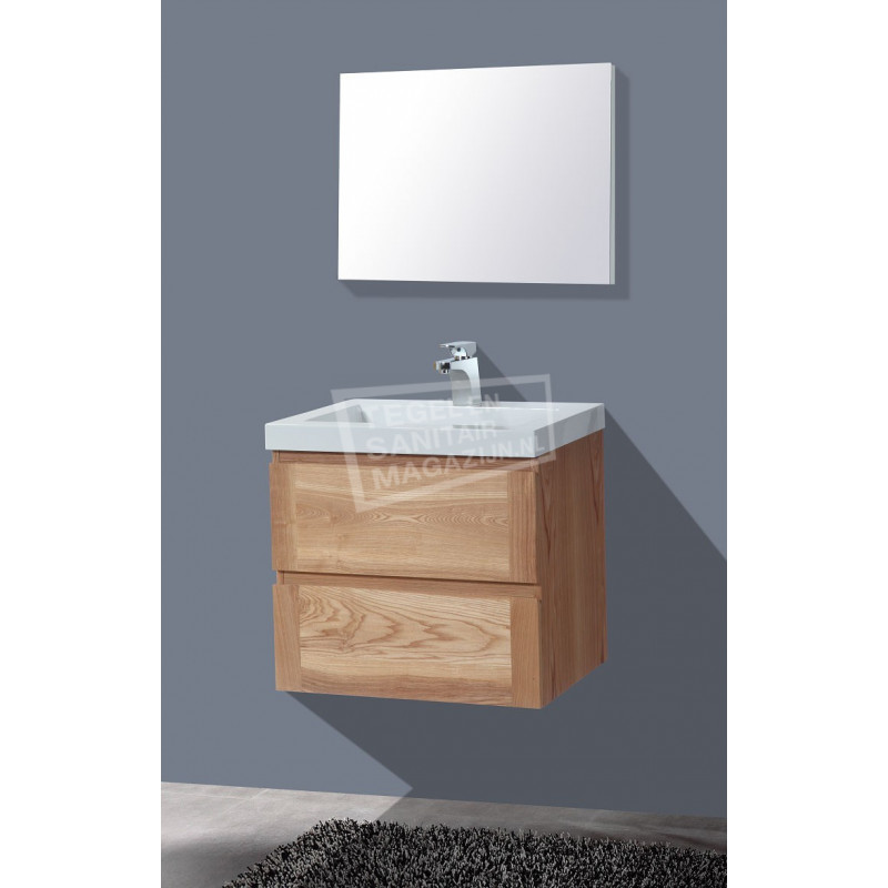 Sanilux Senza Wood 60 cm Badmeubel Eiken met 2 lades Greeploos Softclose 1 kraangat met Spiegel