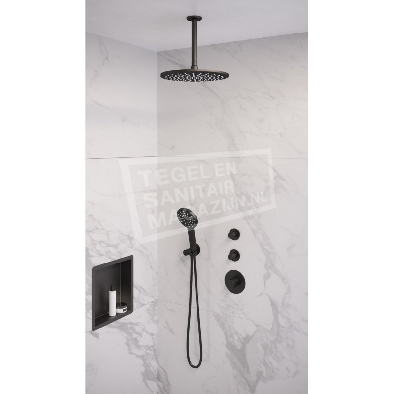 Brauer Black thermostatische inbouwdoucheset 30cm hoofddouche plafondarm 3 standen handdouche mat zwart