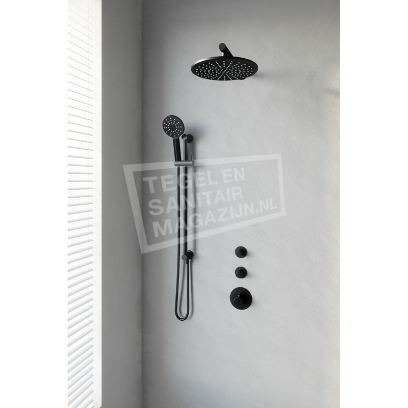 Brauer Black thermostatische inbouwdoucheset 30cm hoofddouche wandarm 3 standen handdouche op glijstang mat zwart Brauer Black thermostatische inbouwdoucheset 30cm hoofddouche wandarm 3 standen handdouche op glijstang mat zwart