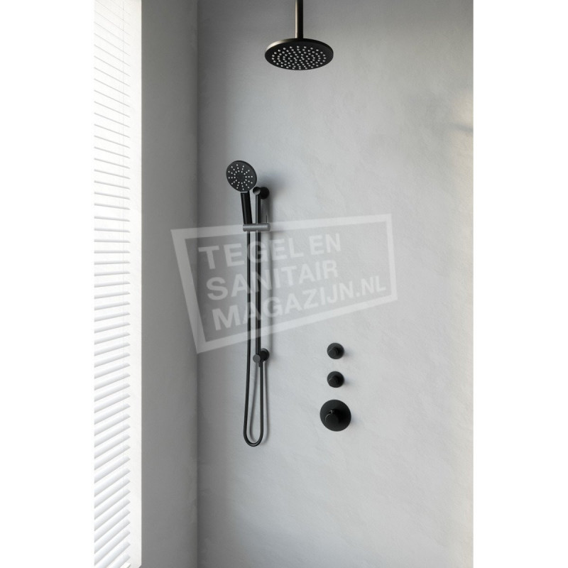 Brauer Black thermostatische inbouwdoucheset 20cm hoofddouche plafondarm 3 standen handdouche op glijstang mat zwart Brauer Black thermostatische inbouwdoucheset 20cm hoofddouche plafondarm 3 standen handdouche op glijstang mat zwart