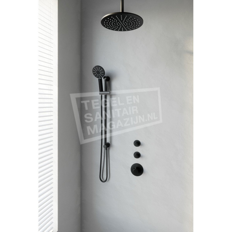 Brauer Black thermostatische inbouwdoucheset 30cm hoofddouche plafondarm 3 standen handdouche op glijstang mat zwart Brauer Black thermostatische inbouwdoucheset 30cm hoofddouche plafondarm 3 standen handdouche op glijstang mat zwart