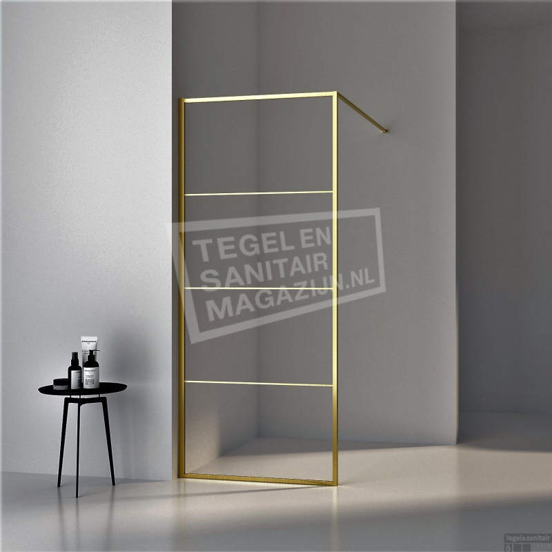 BWS Inloopdouche Frame 90x200 cm 8mm NANO Glas Geborsteld Messing Goud